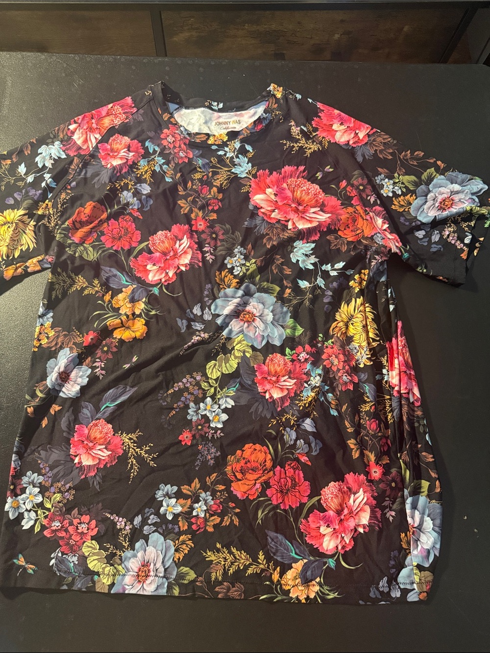 Johnny Was Black Floral Short-Sleeve Tee with Multicolor Blooms